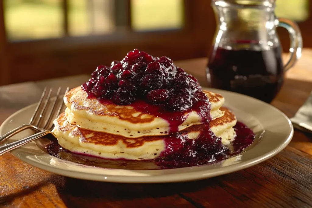 Pancakes with blueberry compote drizzled on top