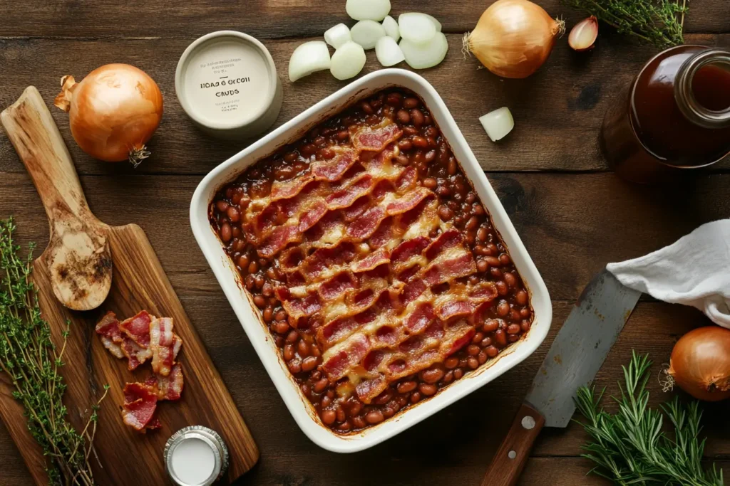 An overhead view of a baking dish with baked beans, surrounded by fresh ingredients like onions, bacon, and molasses