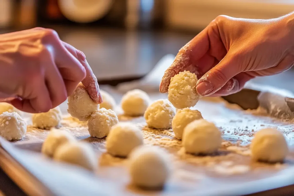 Preparing crumble cookies dough for baking.