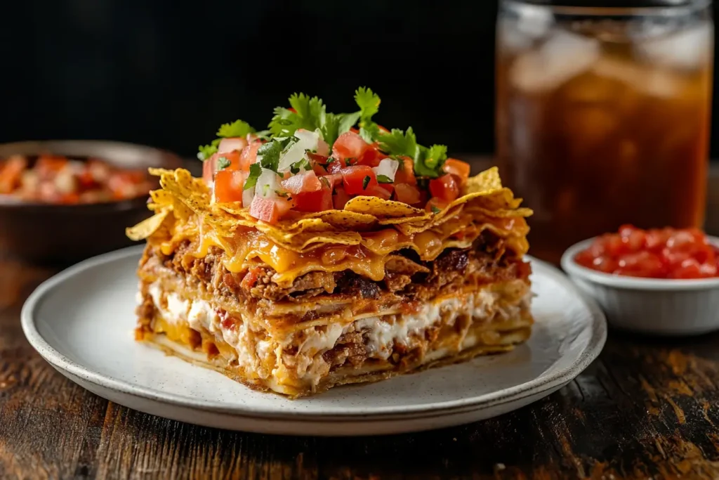 A serving of walking taco casserole with layers of meat, cheese, and toppings